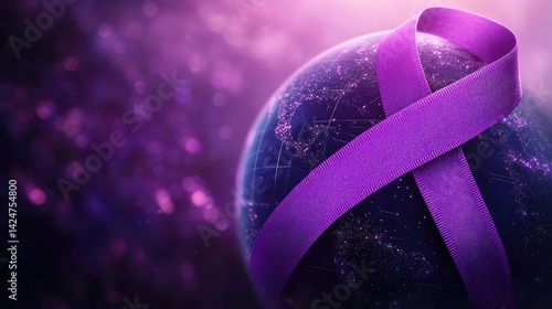 Obraz na płótnie World Cancer Day awareness design with a purple ribbon and globe illustration. w salonie