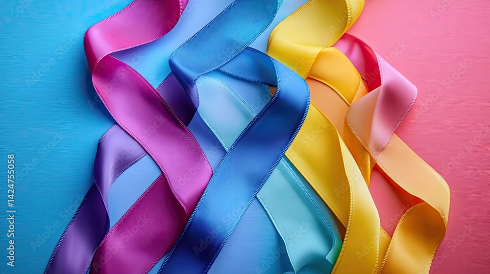 World Cancer Day background. Colorful ribbons, cancer awareness. Multi-colored surface.