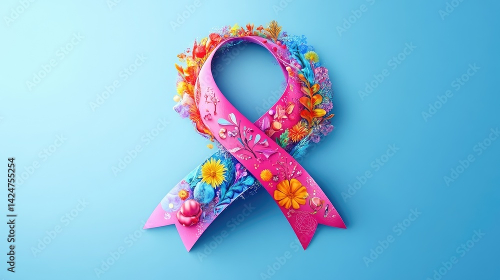 World Cancer Day banner with a colorful ribbon intertwined with symbols of strength, resilience, and support.