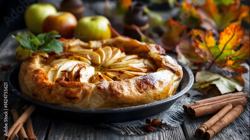 Delicious homemade apple galette with cinnamon sticks and autumn leaves in the background, perfect for an autumn day treat.