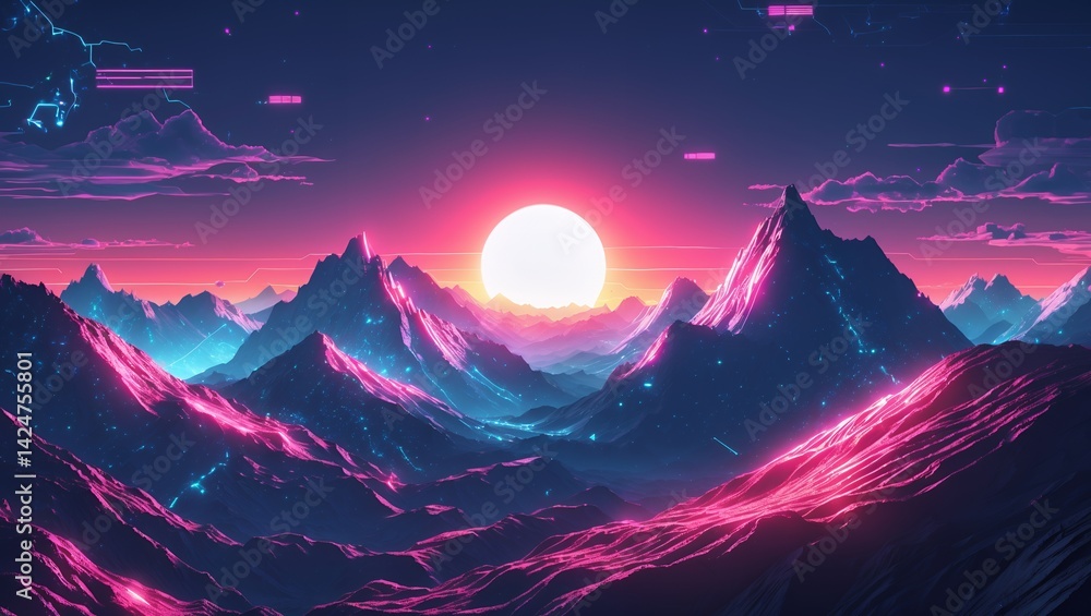 Fototapeta premium Neon sunset illuminating digital mountain landscape