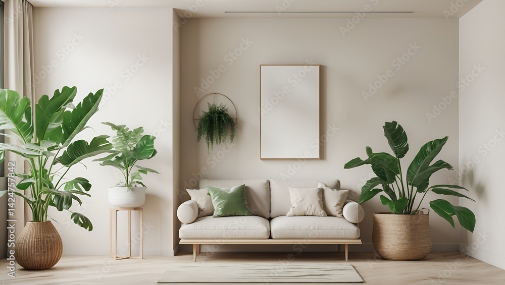Serene minimalistic room featuring lush green plant Serene minimalistic room featuring lush green plant
