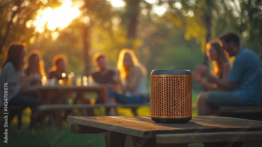 Portable speaker at outdoor picnic