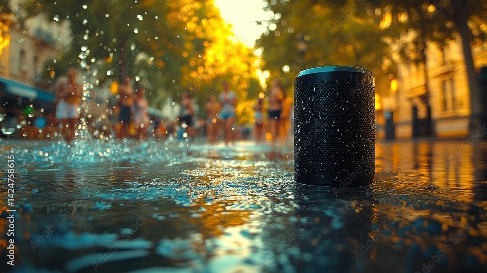 Portable speaker in city street, rain