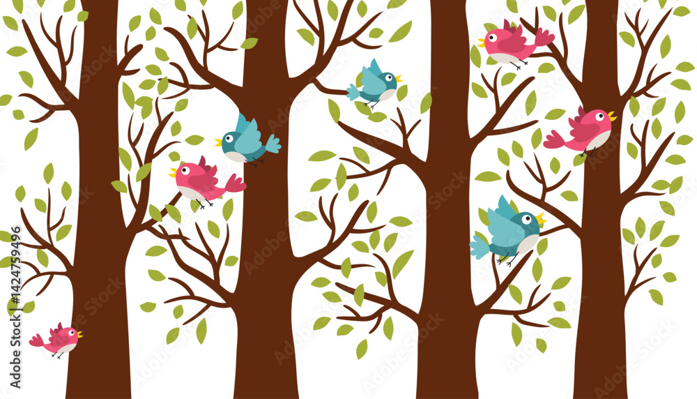 Fototapeta premium Spring trees standing in a row with young foliage and birds. Forest scene with birds flying between the trees.