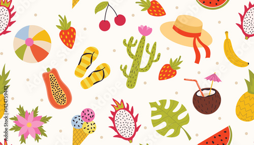 Summer vacation seamless pattern with tropical fruits and cactus, ice cream, hat and more. Colorful summer holidays background in flat style.