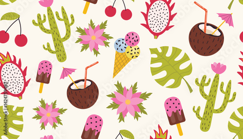 Colorful summer vacation seamless pattern with fruits, ice cream, cactus and Monstera leaves. Season holidays background. Fashion print design.