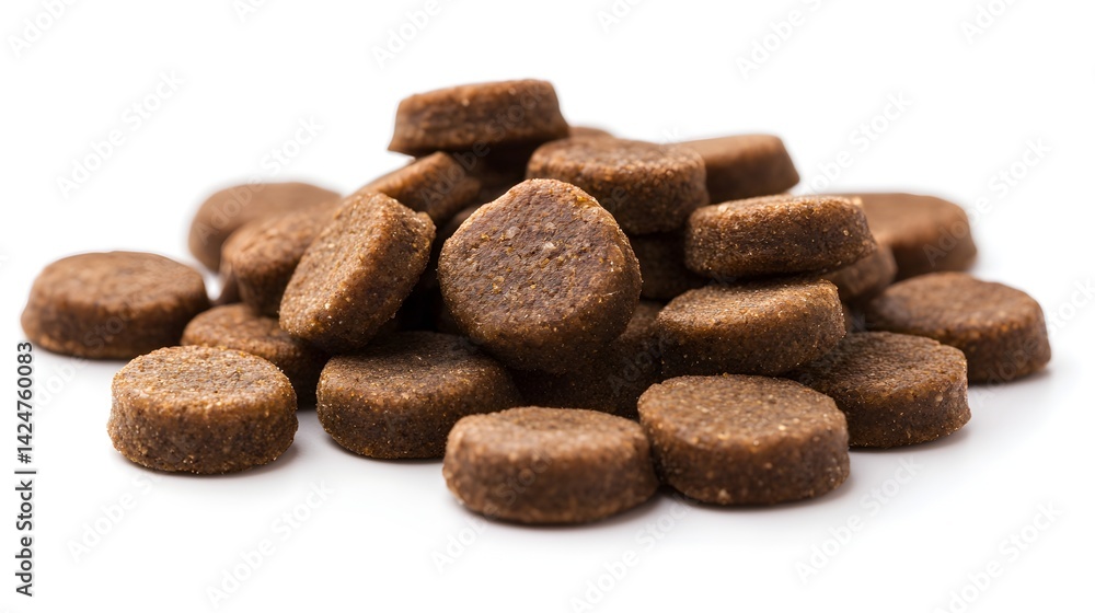 A close-up shot shows a pile of delicious brown dog treats isolated on a pure white background perfect for pet food packaging. A close-up shot shows a pile of delicious brown dog treats isolated on a pure white background perfect for pet food packaging.