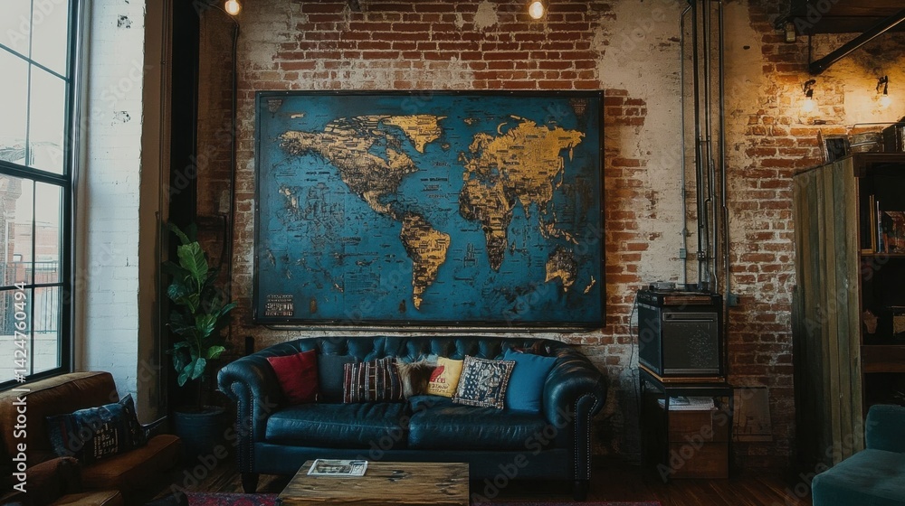 Fototapeta premium Large metal world map sculpture mounted in an open-concept loft wall