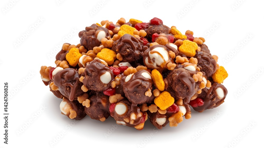 A delicious chocolate-covered popcorn snack mix features hmallows, crackers, and colorful candies for a sweet treat. A delicious chocolate-covered popcorn snack mix features hmallows, crackers, and colorful candies for a sweet treat.