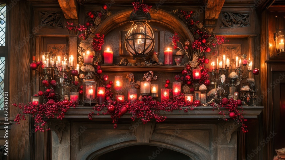 Obraz premium Mantelpiece decorated with garlands, candles, and red berries, glowing softly in dim light