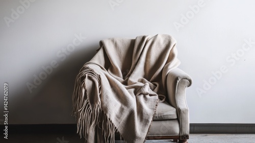 Neutral-toned textiles draped simply on an armchair in an empty room with clean white walls