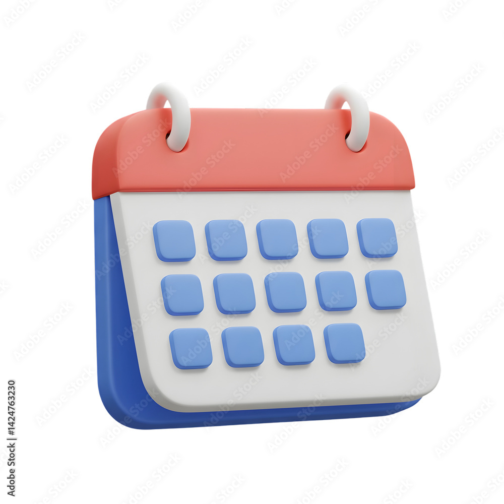 3D Calendar Icon for Schedule and Date, Isolated on PNG Background.
