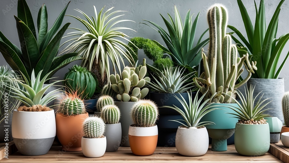 Obraz premium Stylish home garden with diverse plants and pots