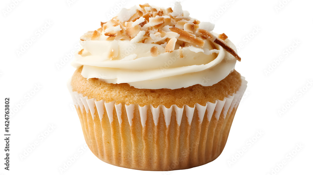 A coconut cupcake with nuts isolated on white background A coconut cupcake with nuts isolated on white background