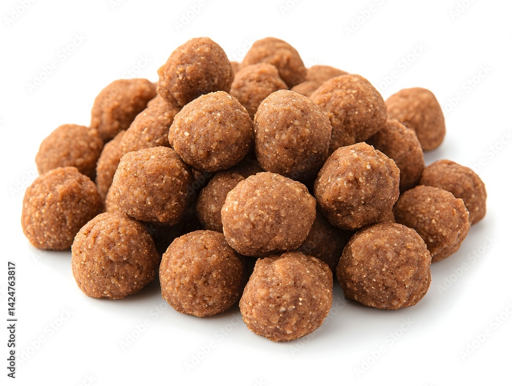 A large pile of small, round, brown meatballs sits on a plain white background, ready for cooking or serving. A large pile of small, round, brown meatballs sits on a plain white background, ready for cooking or serving.