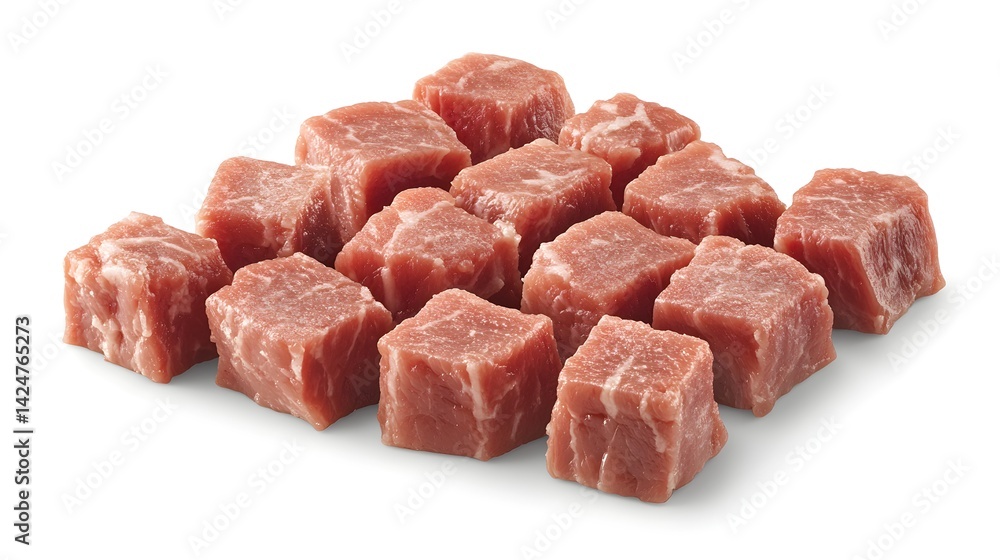Freshly cut beef cubes ready for cooking are perfectly arranged on a white background for culinary use. Freshly cut beef cubes ready for cooking are perfectly arranged on a white background for culinary use.
