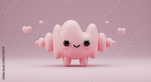 Pastel Pink 3D Render of a Cute Cartoon Kawaii Thyroid Gland Character Surrounded by Hearts with a Soft Lighting Style on Pink Background Perfect for Medical Illustration