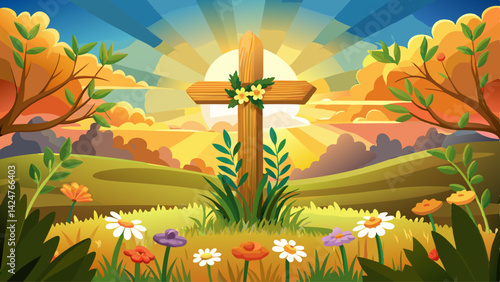 Beautiful Easter cross adorned with flowers in a sunny field during golden hour .Very beautiful