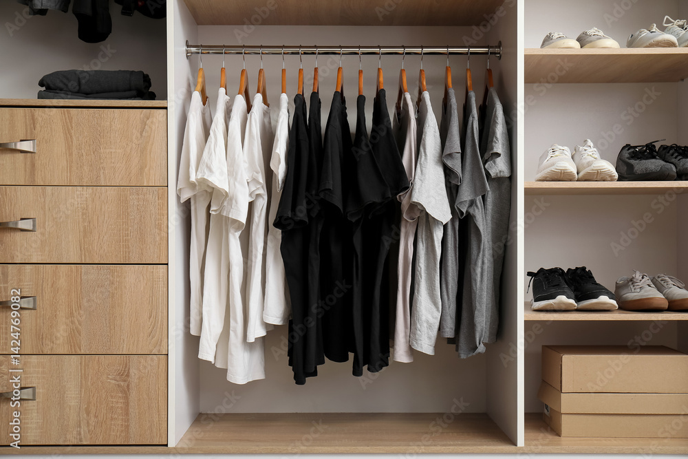 Rack with stylish T-shirts and sneakers in modern man's wardrobe