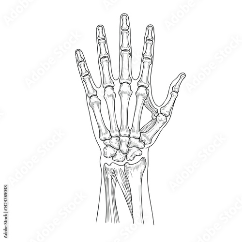 Black and white anatomical line art illustration of a human hand skeleton.