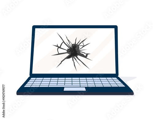 Laptop with broken screen, cracked glass. Laptop repair icon cartoon vector. Broken personal computer. Repair service