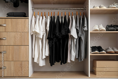 Obraz na płótnie Rack with stylish T-shirts and sneakers in modern man's wardrobe w salonie