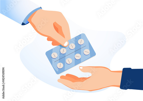 Doctor hand is giving blister pack of pills to the patient. Patients visiting doctor. Therapist consulting, health drugs