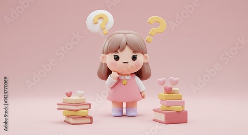 Cute Cartoon Kawaii Girl Pondering with Question Mark Above Head in Pastel Color Palette in Children's Book Illustration Style with Stacked Books and Hearts on Soft Pink Background