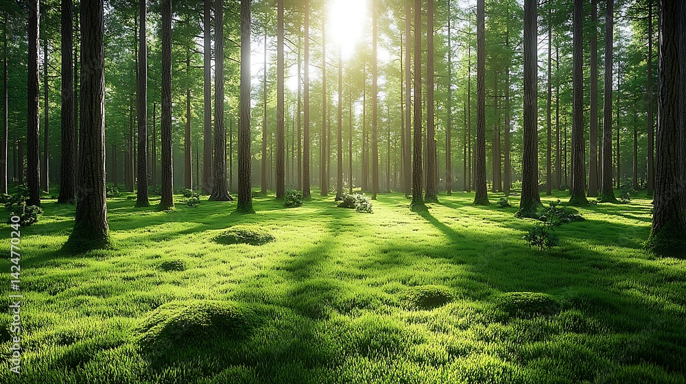 Obraz premium Sunlit forest floor, moss, tall trees