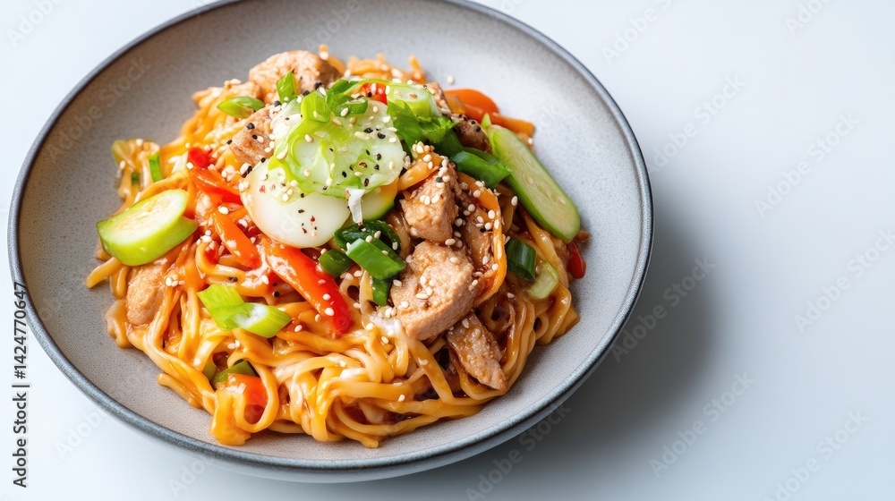 A colorful plate of Asian-inspired noodles with vegetables and chicken, garnished with cucumber and sesame seeds, served in a modern grey bowl, and close-up shot. A colorful plate of Asian-inspired noodles with vegetables and chicken, garnished with cucumber and sesame seeds, served in a modern grey bowl, and close-up shot.