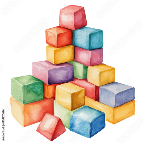 Set of colorful building blocks for kids, watercolor illustration, isolated on a white background.

