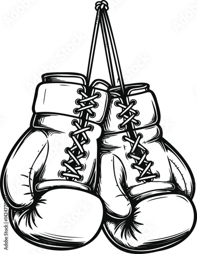 black and white vector illustration of a pair of classic boxing gloves hanging together by their laces