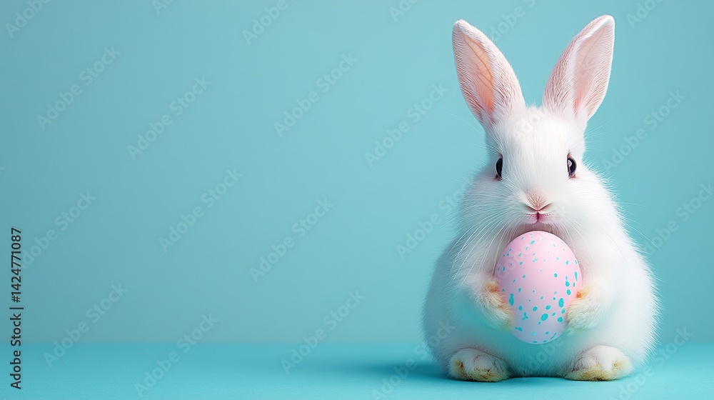 Fototapeta premium Adorable white bunny holding a pastel pink Easter egg
