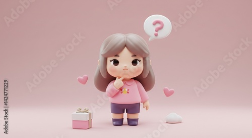 Adorable Pondering Kawaii Girl Cartoon with Question Mark in Pastel Colors a Heart Accents and a Gift Box in 3D Render Style Perfect for Childrens Illustration Book Cover Design