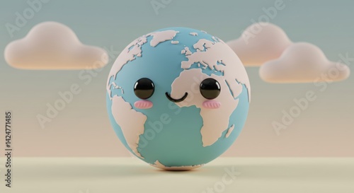 Smiling Cartoon Globe with Pastel Continents 3D Render Kawaii Style Soft Colors Ideal For Educational Materials