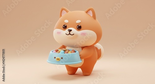 Cute Kawaii Dog Carrying Food Bowl 3D Render in Pastel Colors Children's Book Illustration on Cream Backdrop