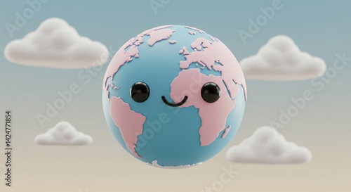 Cartoon Kawaii World Globe in Pastel Hues 3D Render with Smiling Face Stylized Continents and Floating Clouds Earth Day Theme Illustration