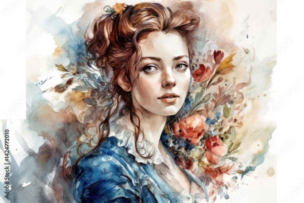 An elegant watercolor illustration of a young woman with a romantic expression, done in a classic painting style.