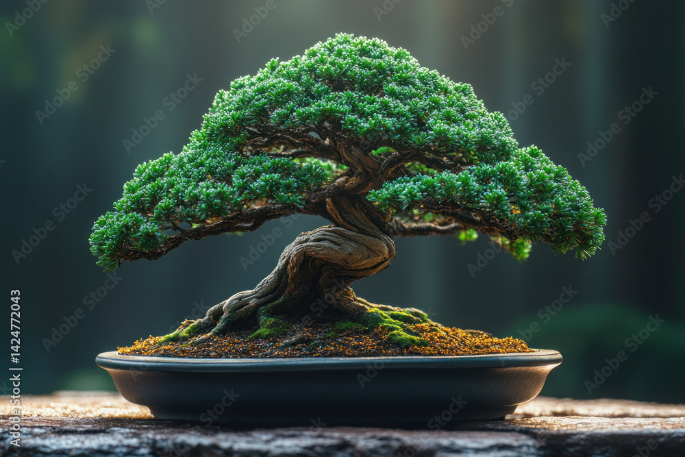 miniature bonsai tree in a classic ceramic bowl. The composition is made in natural light, which emphasizes the texture of the twisted trunk and rich green crown.