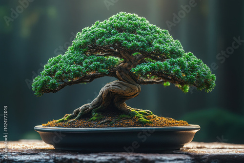 Obraz na płótnie miniature bonsai tree in a classic ceramic bowl. The composition is made in natural light, which emphasizes the texture of the twisted trunk and rich green crown. w salonie