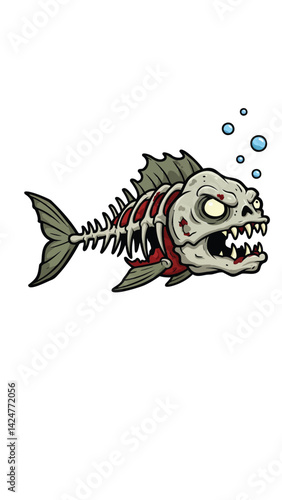 Create a cartoon vector illustration of a zombie piranha-like fish, depicted in a side profile, facing right. The style should be graphic and illustrative.