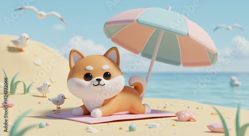 Charming Cartoon Puppy Relaxing Under Beach Umbrella in Pastel Colors in Children's Book Illustration Style