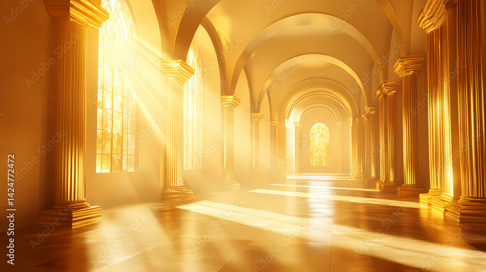 Golden hallway with sunlight streaming through arched windows, creating a dramatic and ethereal atmosphere. gilded arch. illustration. Gilded Arch. Illustration Golden hallway with sunlight streaming through arched windows, creating a dramatic and ethereal atmosphere. gilded arch. illustration. Gilded Arch. Illustration