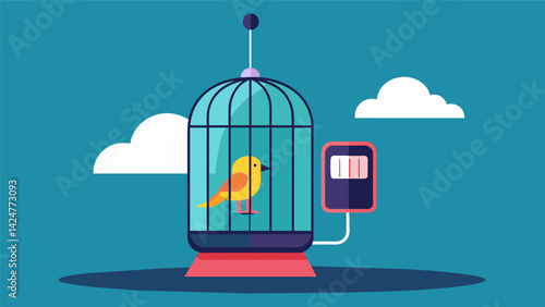 An innovative bird cage with a digital display that monitors temperature and humidity levels creating the perfect environment for your bird.. Vector illustration