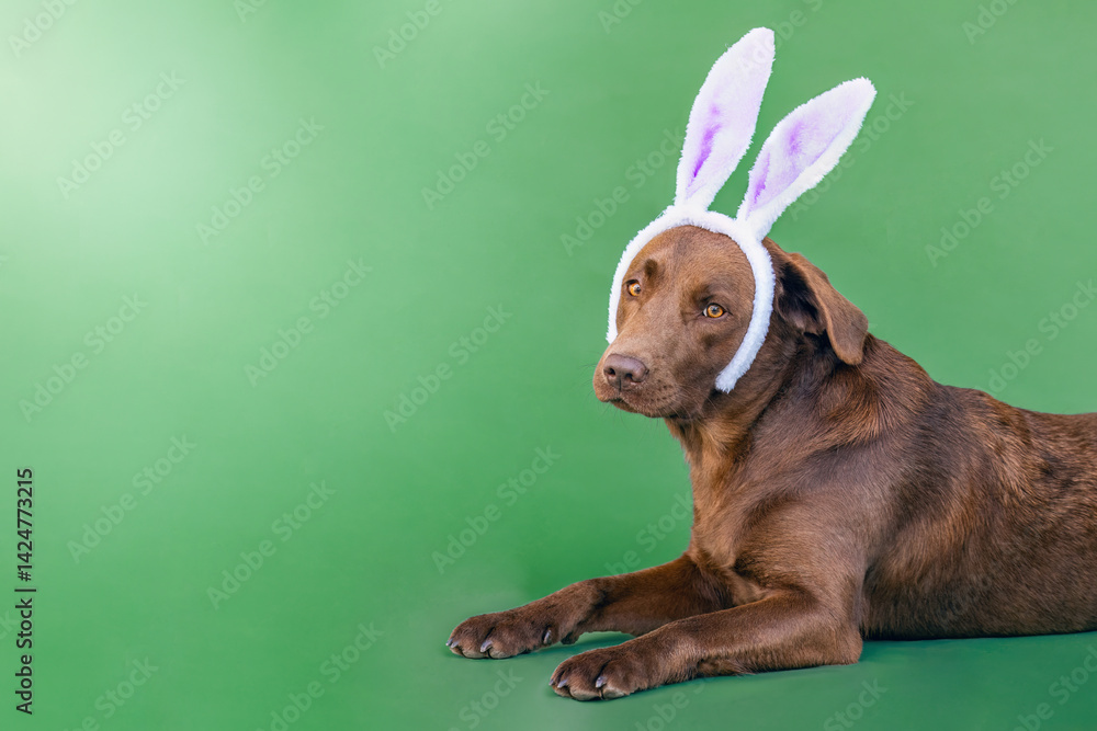 Happy easter concept: A chocolate brown labrador retriever dog wearing bunny ears in front of green studio backgronud
