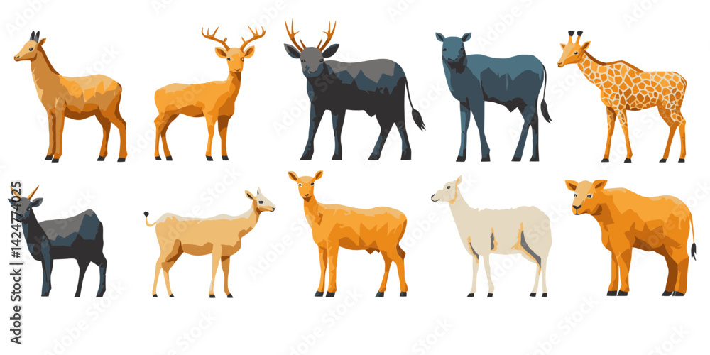 Fototapeta premium Stylized flat illustration of diverse herbivore animals in various poses and colors on a white background