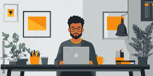 Worker focused on tasks at a modern desk with plants and minimalistic decor in a bright workspace