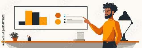 Professional man analyzing data on a digital screen in a modern office workspace during daytime with minimalist design