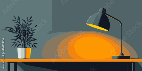 Stylish flat illustration of a desk lamp illuminating a workspace with a cozy atmosphere and a plant nearby